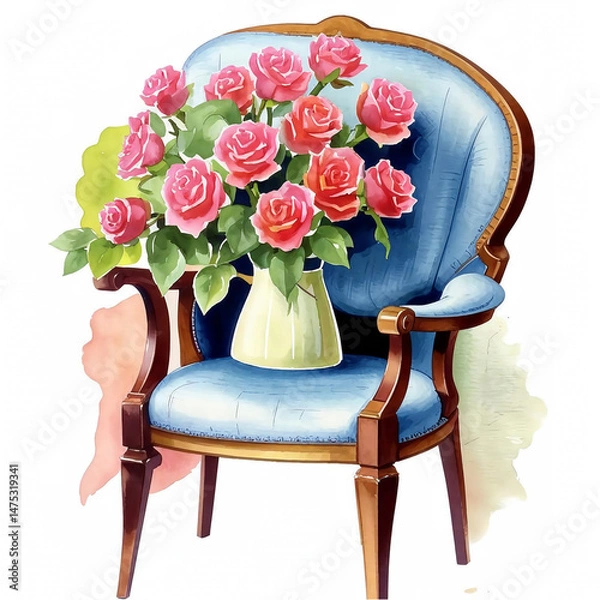 Fototapeta interior armchair with a bouquet of roses, beautiful flowers on a soft armchair, illustration. artificial intelligence generator, AI, neural network image. background for the design