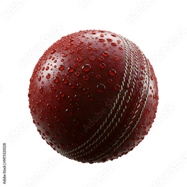 Fototapeta Wet cricket ball with droplets and stitching
