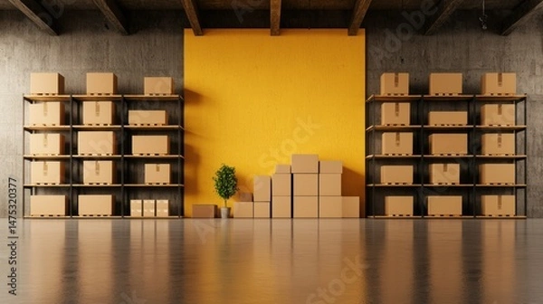 Obraz Warehouse Storage Space With Boxes Stacked on Shelves and Floor
