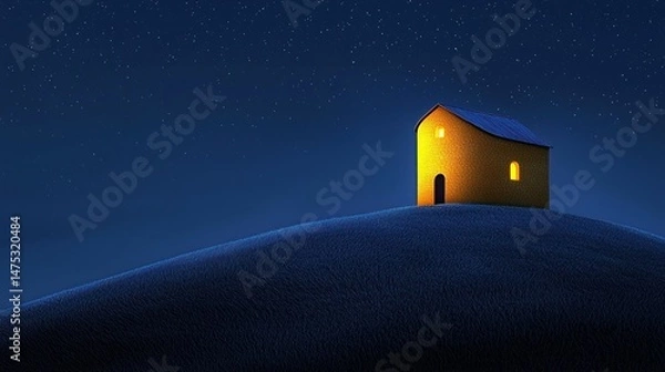 Obraz A small house with lights at night on a gentle hill
