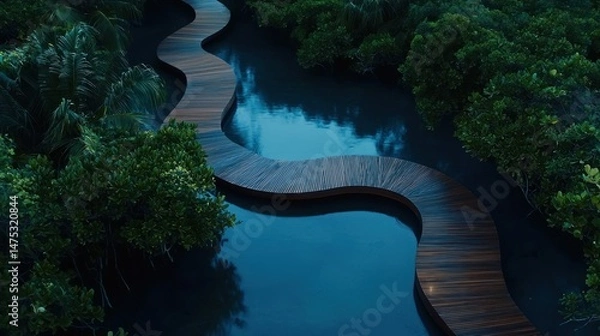 Obraz A winding wooden walkway through lush green surrounding waterways