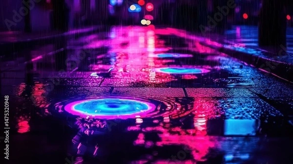 Obraz Reflective puddles on a wet city street with vibrant lights