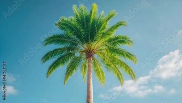 Fototapeta Tall palm tree with lush green leaves basking in sunlight by the beach.