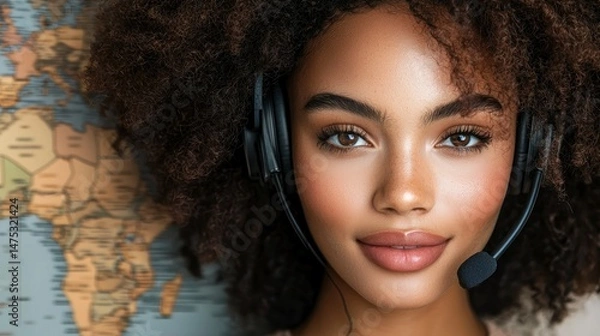 Obraz Beautiful woman wearing headset smiling with a world map backdrop