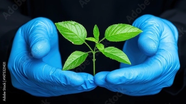 Obraz A small green plant is held safely in blue gloved hands