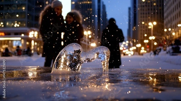 Obraz Illuminated icy art sculpture features people and urban city background