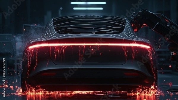 Obraz A futuristic car with bright red lights and robotic arm