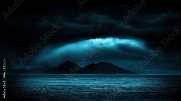 Obraz Dark water landscape shows mountains beneath stormy atmospheric conditions