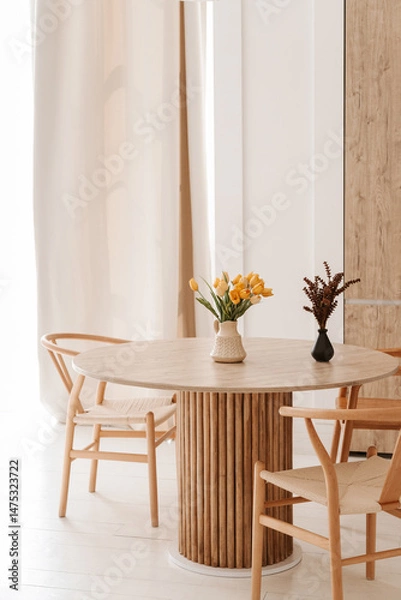 Fototapeta cozy light kitchen with a dining table and chairs