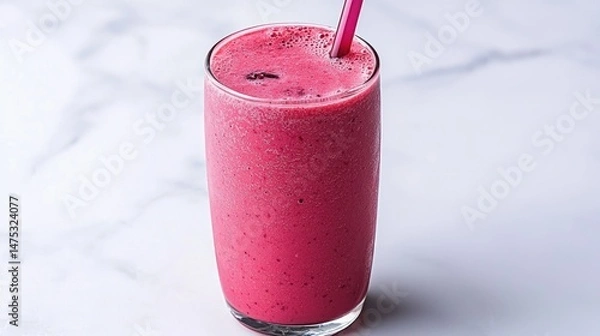 Obraz A Refreshing Pink Smoothie In A Tall Glass With A Straw