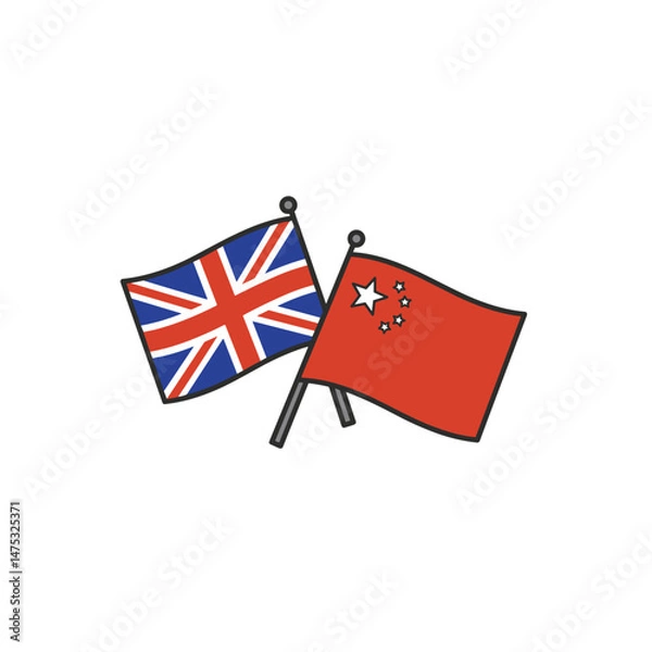 Obraz Flags of the United Kingdom and China fluttering together in harmony. Vector linear icon with minimalistic dark gray outline, blue accent, transparent background.