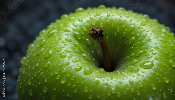 Fototapeta Close-Up of a Fresh Green Apple with Water Droplets on Surface
