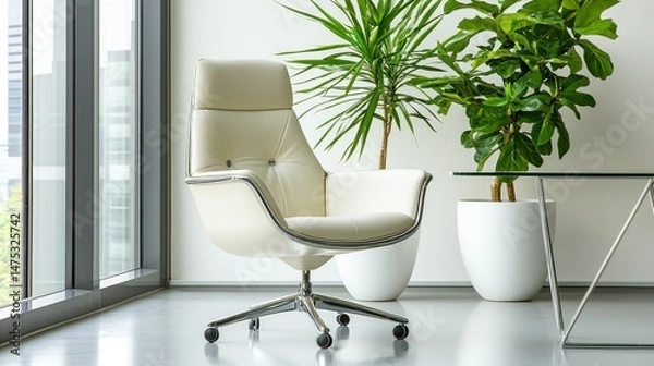 Obraz An elegant white chair near the large window with greenery