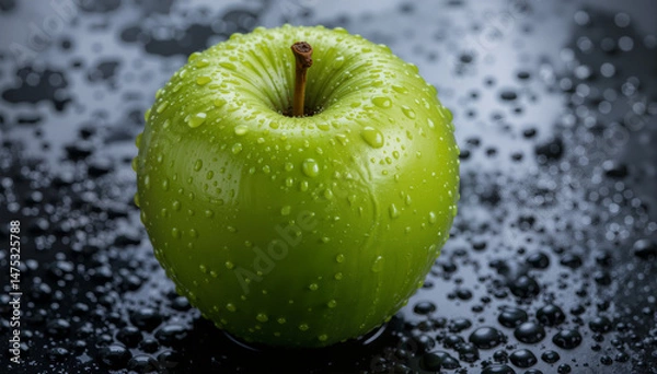 Fototapeta Close-Up of a Fresh Green Apple with Water Droplets on Surface