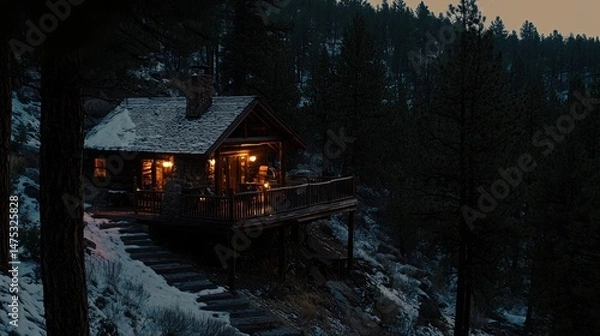 Obraz A cozy cabin nestled on a snowy mountainside in twilight