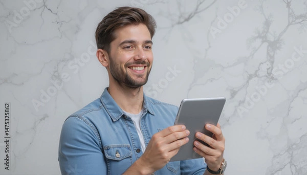 Fototapeta Smiling Man Using a Tablet in a Modern Indoor Setting
