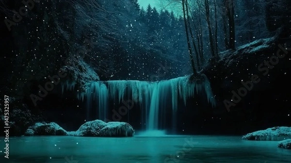 Obraz A frozen waterfall cascades into a tranquil icy blue pool