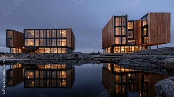 Obraz Modern buildings with glass windows reflecting in the water perfectly