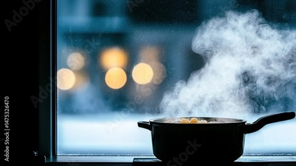 Obraz A simmering pot of food beside a winter window view