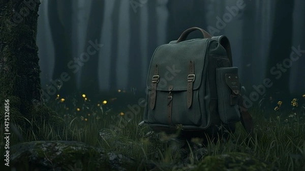 Obraz A Backpack Stands Alone in the Quiet and Moody Forest
