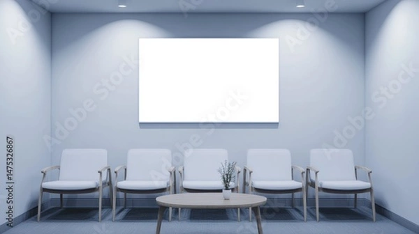 Fototapeta Comfortable waiting area with chairs, coffee table and blank billboard on wall. Presentation and lifestyle concept. 3D Rendering illustration , no logos, no brands