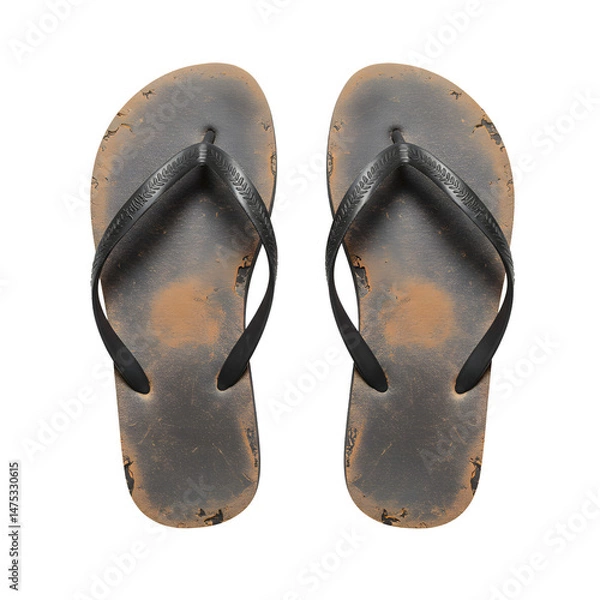 Fototapeta Worn black flip-flops with scuffed soles
