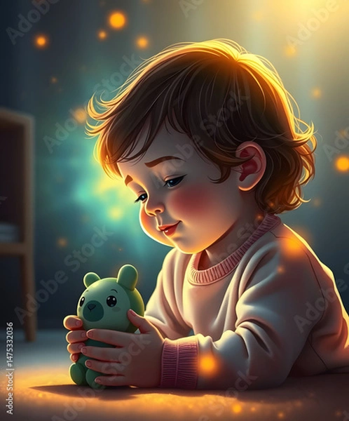 Fototapeta Cute toddler with a joyful expression playing with a stuffed toy in a cozy atmosphere