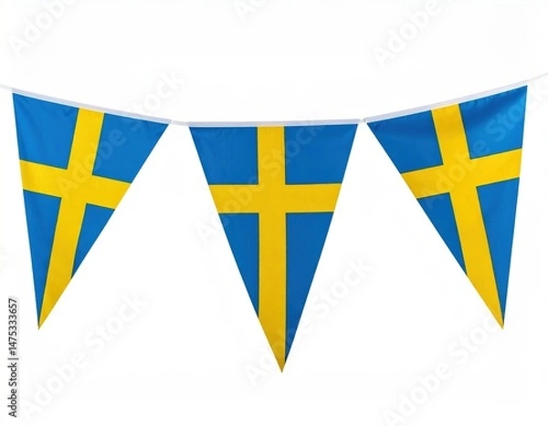 Fototapeta Three swedish flags bunting with blue background and yellow cross