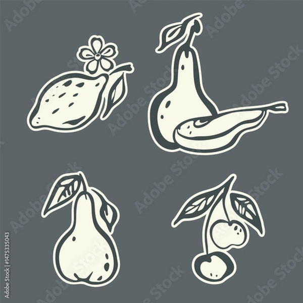 Fototapeta Fruit sticker Set. Doodle icon, hand drawn decorative ink stroke line brush, black sketch contour, fruit symbol cartoon flat design, white background. Various isolated elements. Vector illustration