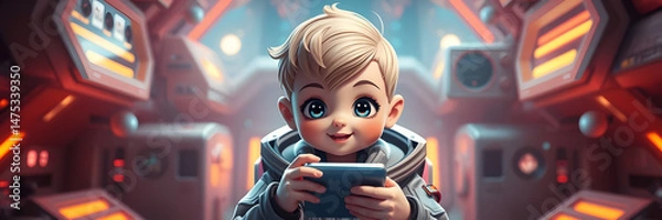 Fototapeta Cheerful child in a space suit playing a game on a smartphone in a futuristic setting
