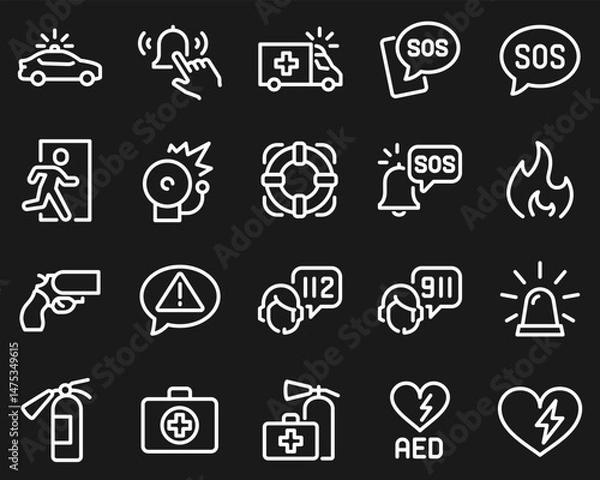 Fototapeta WebSimple Set of Emergency Related Vector Line Icons. Contains such Icons as Automated external defibrillator, Siren, Emergency phone number and more white