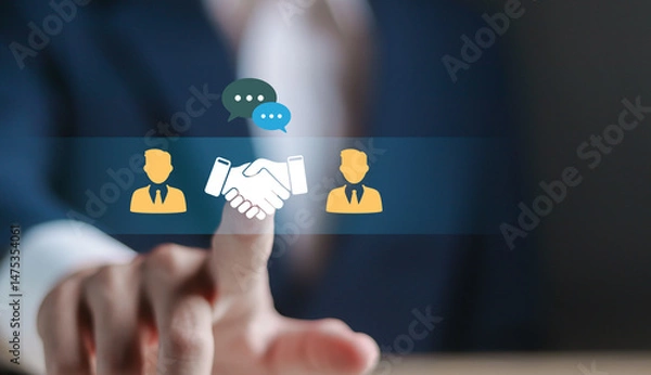 Fototapeta Negotiation concept. Businessman touching with handshake icon for negotiation, agreement, cooperation, business partnership.