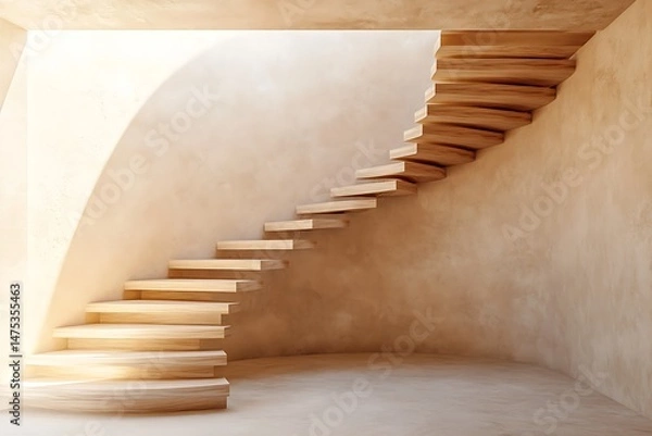 Fototapeta Light beechwood floating staircase wrapping subtly around a smooth curved plaster wall