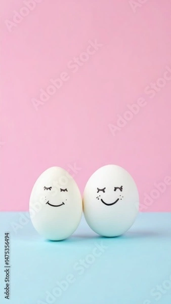 Obraz Two smiling eggs with faces on pastel pink and blue background
