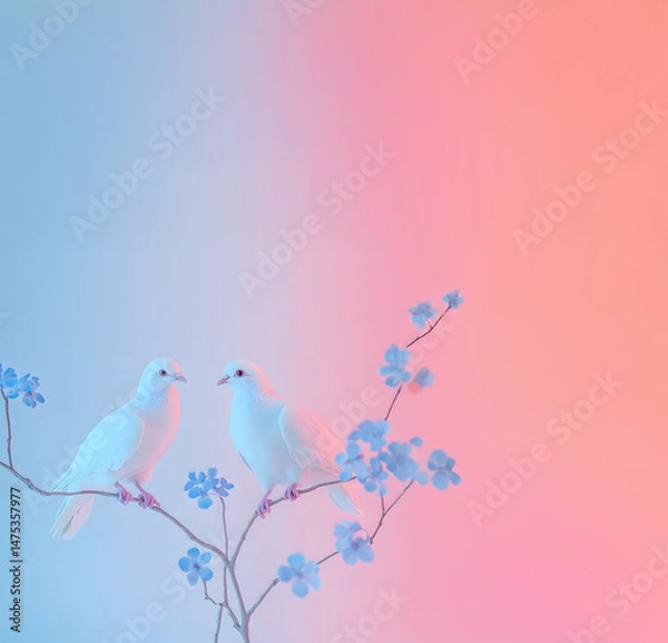 Fototapeta Invitation card with  romantic decoration with birds on a branch on pastel pink and blue background with empty space for text message.