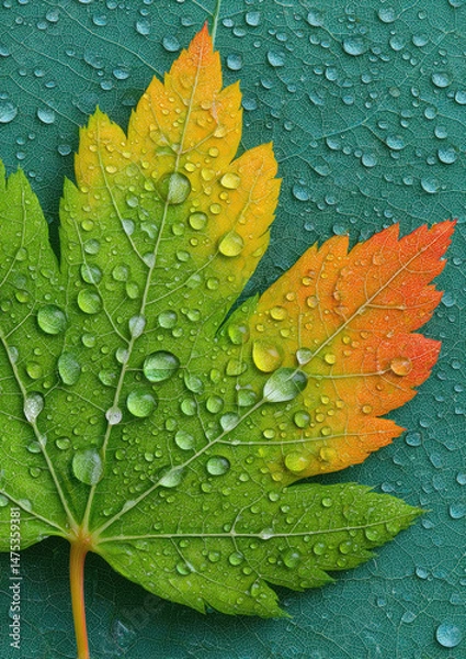 Fototapeta Colorful maple leaf with water drops