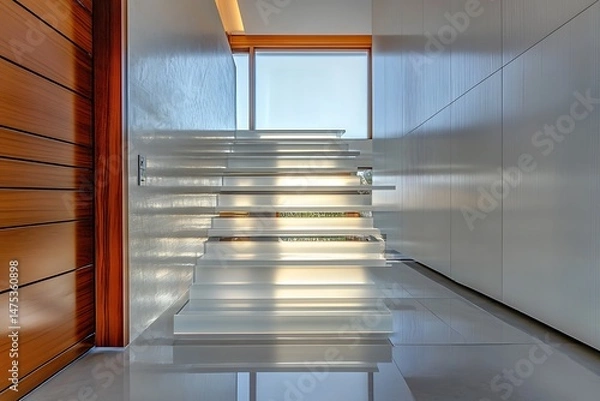 Fototapeta Translucent acrylic floating steps catching natural light in a futuristic home entryway
