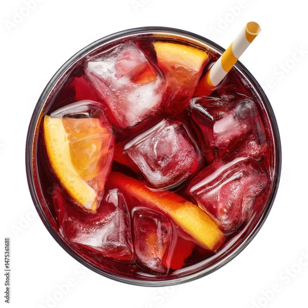 Fototapeta iced sangria cocktail  isolated on transparent background, top view, delicious sangria cocktail in glass cup with ice cubes fruits and straw, cold beverage, for Bar and restaurant menu