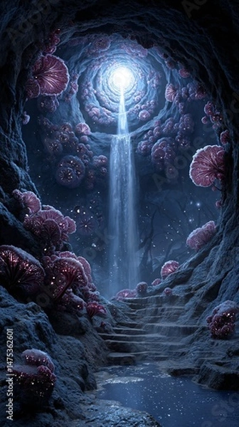 Fototapeta Spiral Cave with Glowing Fungi Revealing a Hidden Waterfall