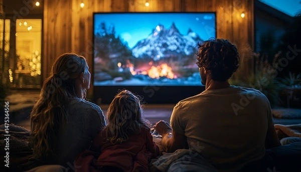 Fototapeta Family watching outdoor movie screen with mountain scene and campfire image