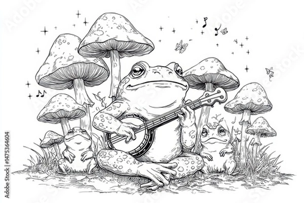 Fototapeta A whimsical frog playing banjo surrounded by mushrooms.