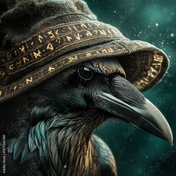 Fototapeta Enchanted Crow Wearing a Magical Hat in a Close-Up View