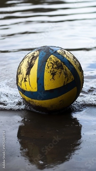 Obraz A yellow and blue beach ball is sitting on the sand. The ball is partially submerged in the water