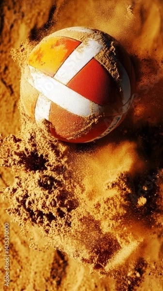 Fototapeta A volleyball is rolling on the sand. The ball is in the air and is close to the net