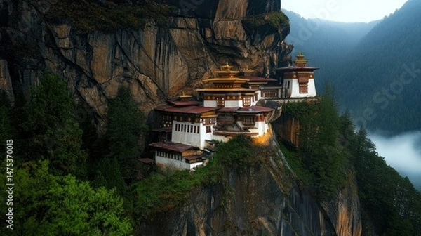 Fototapeta A scenic view of a monastery built on a cliffside mountain