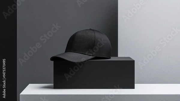 Obraz A black baseball cap rests on a rectangular black structure