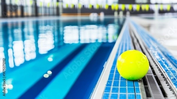 Obraz A yellow water polo ball is sitting on a blue tile floor. The ball is in the middle of the pool