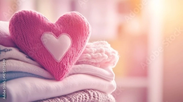 Obraz A pink heart is on top of a pile of clothes. The heart is surrounded by a blanket and a sweater. Concept of warmth and comfort, as the heart is a symbol of love and affection