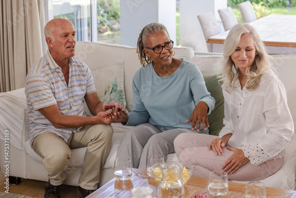 Obraz Senior friends sitting on sofa at home, enjoying conversation and holding hands