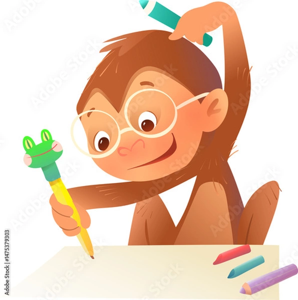Obraz Cute Monkey or Chimp drawing and coloring with crayons or pencils in a book. Cute wild animal character illustration, educational activity for children creativity. Vector cartoon illustration for kids